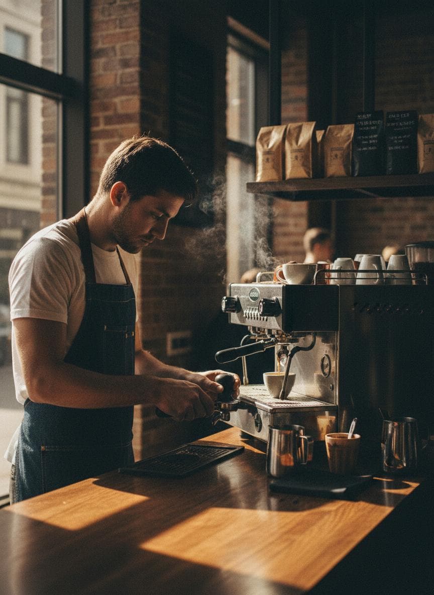 Espresso machine in action