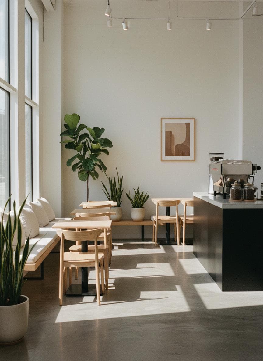 Cozy cafe interior with warm lighting